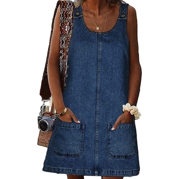 Topshop Moto Pinafore Dress Blue Medium Wash Jumper Overalls Skirt Cotton - Picture 1 of 5